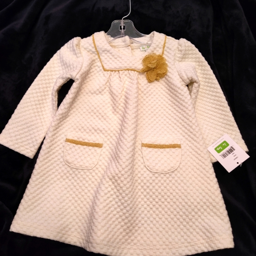 Le Top Girls Baby Toddler 24 Mos Off White Gold Textured Fabric Dress NWT